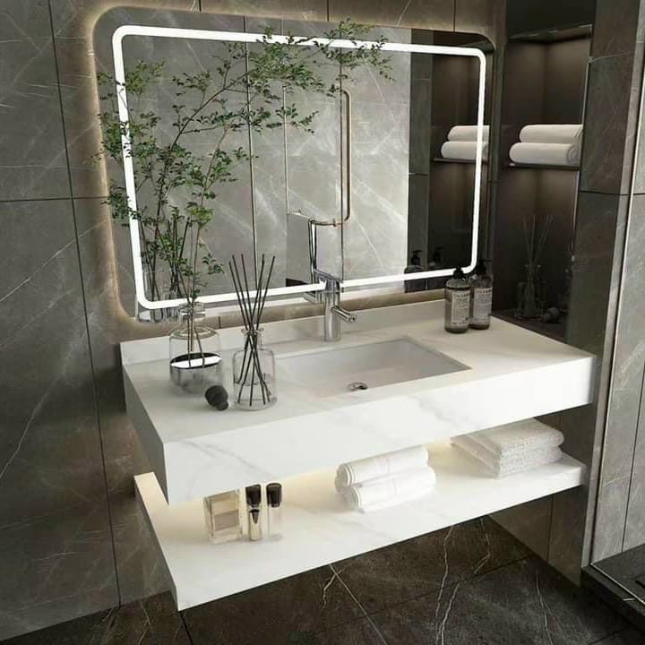Combo Gương LED + Lavabo bàn đá trắng cao cấp TC-1008-9050W